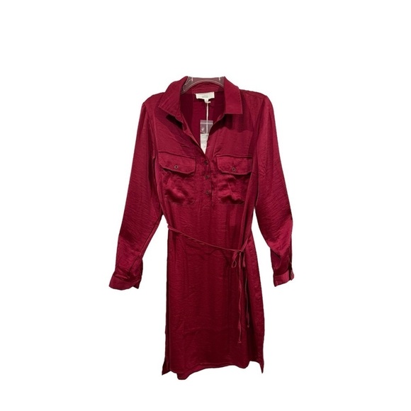 Lucky Brand Satin Feel Long Sleeve Dress Tie Waist Midi Red Burgundy Size Medium - Picture 1 of 7
